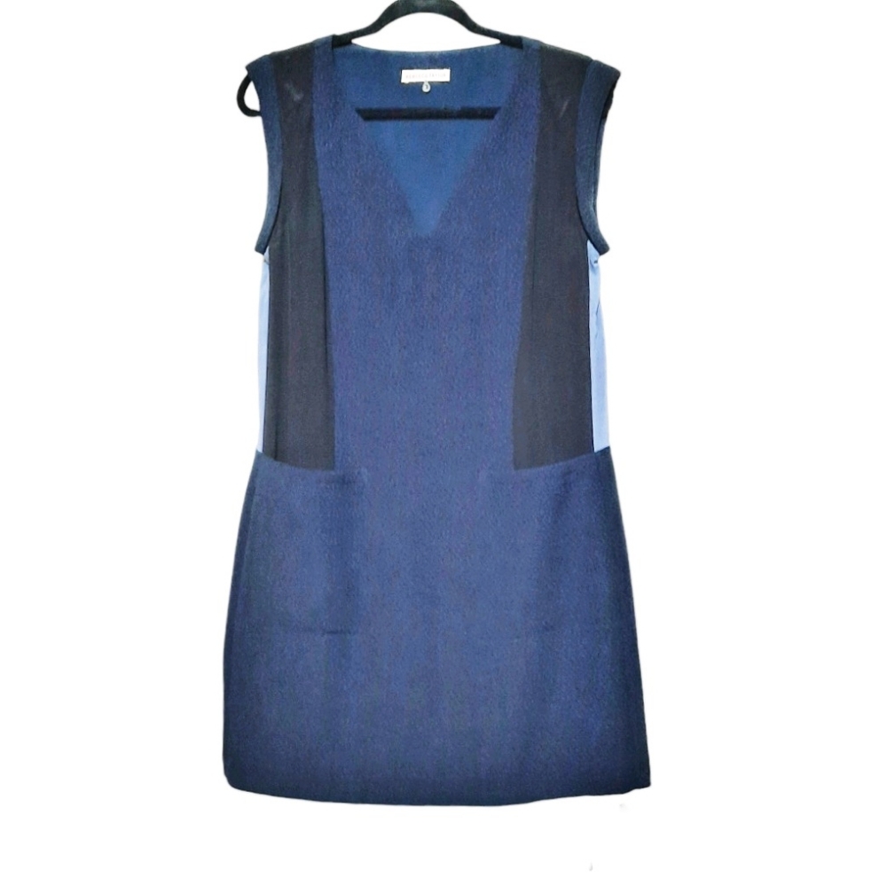 REBECCA TAYLOR Colorblock Shift Dress Rolled Cap Sleeves Navy Black Lavender 6 M - Picture 2 of 13